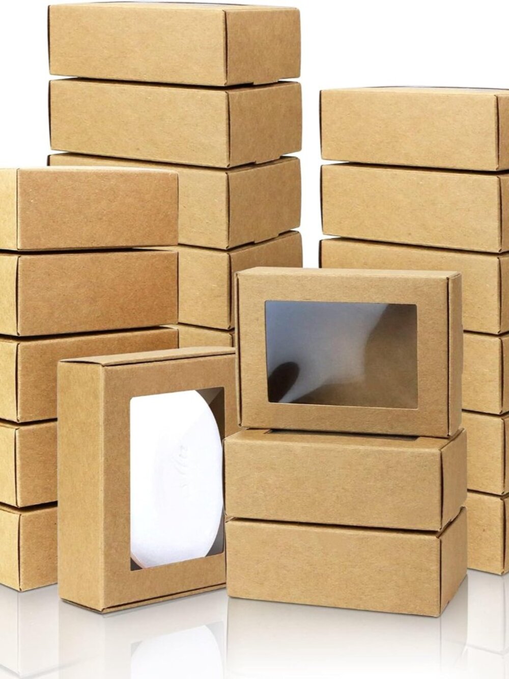 50 Pack Mini Kraft Boxes with Clear Window, 3.3"x2.3"x1.2", Brown